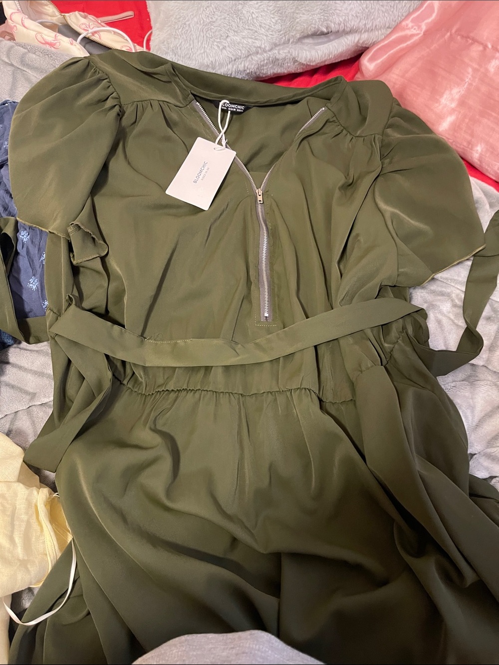 C/MEO Collective Olive Green Zip-Front Midi Dress with Waist Tie